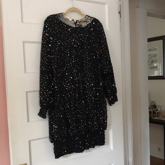 Vintage Saks Fifth Avenue Dress Sequins Rainbow Black Beaded Ruched Mini - Picture 7 of 14